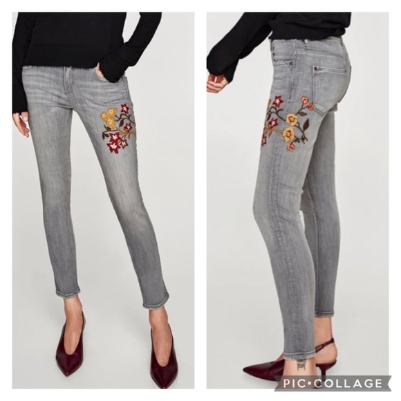 Zara Denim - GUC Zara Floral Embroidered Grey  Wash Skinny Jeans